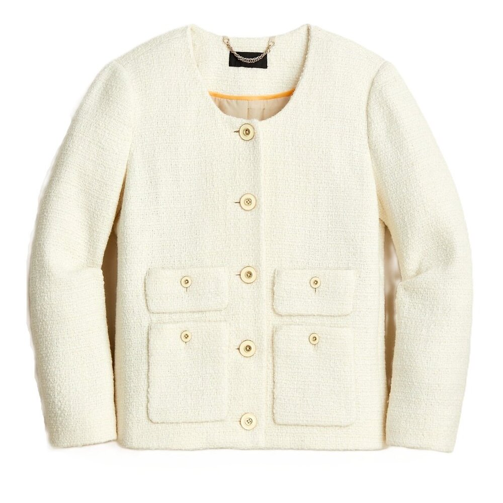 NWT J.Crew Lady Jacket in Ivory Maritime Tweed Collarless Wool Blend 12 - Picture 1 of 8